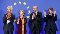 Los presidentes del Banco Central Europeo, Christine Lagarde; de la Comisi�n Europea, Ursula von der Leyen; del Consejo Europeo, Charles Michel; y del Parlamento Europeo, David Sassoli