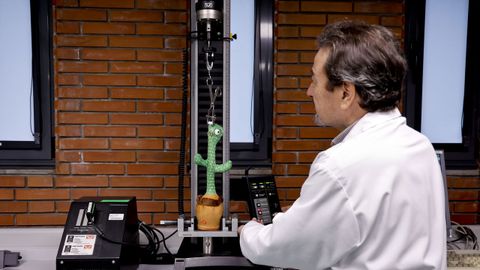 En esta m�quina ensayan la tracci�n y la compresi�n. Lo que buscaban con el cactus de peluche era ver si se desprend�an las partes peque�as, peligrosas para los ni�os si las tragan. �Lo que se hace es una rampa de tracci�n de hasta 90 newtons, que es el equivalente a nueve kilos de peso, y se mantiene durante diez segundos para ver si se suelta alguna parte�, explican. Es lo que ha pasado con los ojos del cactus.