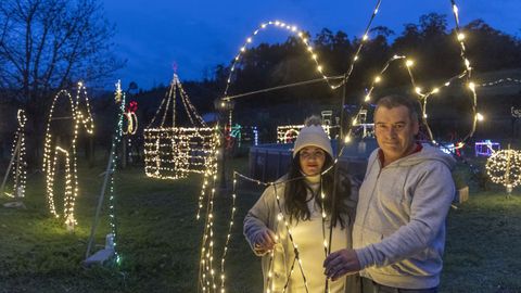 Esta parejade Vedra utiliza los alambres de las vias, cuando termina la vendimia, para hacer las figuras de Navidad que iluminan su jardn