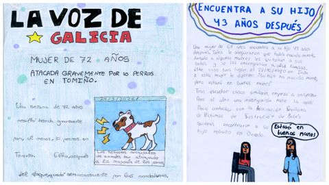 � esquerda, o traballo ga�ador da categor�a Infantil-2; � de Jacobo Ferreiro alumno doCPR Calasanz, da Coru�a, baixo a direcci�n de Ana Mart�nez. � dereita, o de Claudia Vilari�o, estudante do CEIP Eusebio da Guarda (A Coru�a) e titorizada por Sonia Hermida, que ga�ou o segundo posto.