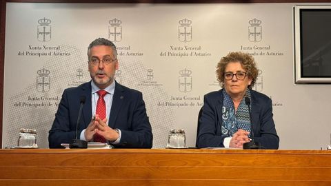 La diputada y portavoz de Educaci�n del PP de Asturias, Gloria Garc�a, junto a Jorge Garc�a Caro, presidente del Sector de Educaci�n de CSIF Asturias en la Junta General del Principado.