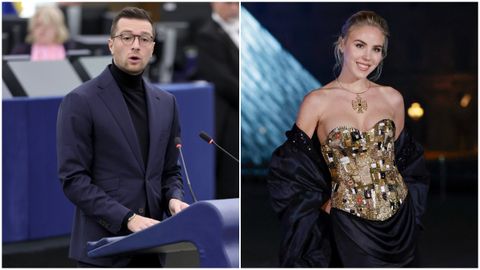 Jordan Bardella durante una intervenci�n en el Parlamento Europeo y Mar�a Carolina Borb�n-Dos Sicilias, en una reciente cena celebrada en el Museo del Louvre, dentro de la semana de la moda de Par�s