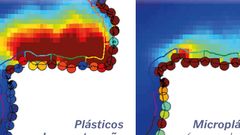 Concentraci�n de part�culas (en ?). Panel de la izquierda, pl�sticos de gran tama�o; panel de la
derecha, micropl�sticos (-5mm). Los c�rculos representan la concentraci�n en costa.
Fuente: The Bay of Biscay as a trapping zone for exogenous plastics of different sizes