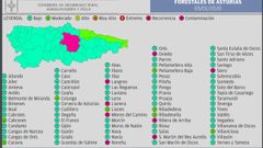 Mapa del riesgo de incendio forestal en Asturias.