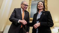 El l�der de la minor�a del Senado de Estados Unidos, Chuck Schumer (D-NY), saluda a la l�der de la oposici�n venezolana Mar�a Corina Machado en sus oficinas en el Capitolio de Estados Unidos.