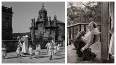 Escolares vigilados por una monja en el Obradoiro (1947-1958) y retrato de Nicol�s Muller con su perro.