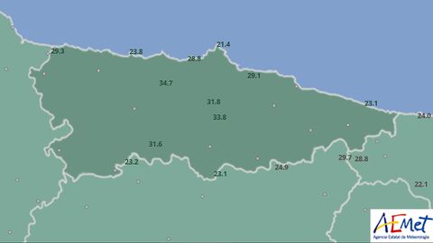 Las temperaturas registradas por AEMET a las 23.00 del 6 de septiembre en Asturias