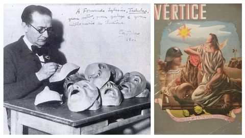 A la izquierda, Castelao pintando mscaras en su exilio argentino, en 1941, para el montaje teatral de Os vellos non deben de namorarse; a la derecha, portada de un nmero extraordinario de la revista de la Falange Vrtice