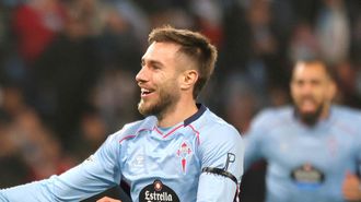 &Oacute;scar Mingueza, tras el primer gol del Celta ante el Lille.