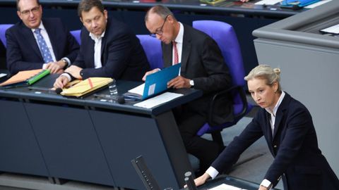 El canciller Merz, durante la intervencin en el Bundestag de la colder de la AfD, Alice Weidel.