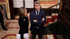 La diputada del PP, Cuca Gamarra y el presidente del PP, Alberto N��ez Feijoo, durante una sesi�n plenaria extraordinaria en el Congreso.