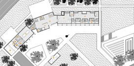Alzado topogr�fico de la parcela con la estructura de edificios y zonas ajardinadas previstas en el dise�o.