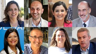 De izquierda a derecha y de arriba abajo, los alcaldes Sandra González (Tomiño), Alejandro Lorenzo (O Porriño), Leticia Santos (Moaña), Vázquez Almuiña (Baiona), Nidia Arévalo (Mos), Juan González (Nigrán), Marta Valcárcel (Salvaterra) y Luis Piña (A Cañiza)