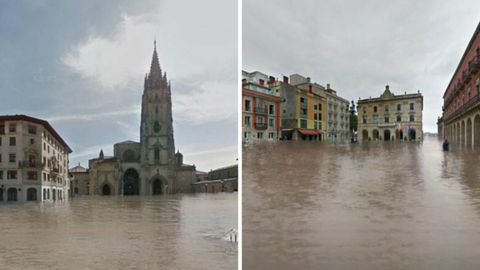 La plaza de la Catedral de Oviedo y la plaza Mayor de Gij�n, con el ayuntamiento al fondo, inundadas con la recreaci�n de la herramienta de This Climate Does Not Exist