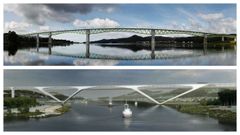 Arriba, el viaducto que gan� el concurso y que finalmente se construy�. Abajo, una de las propuestas con un dise�o m�s audaz, la que hizo Fhecor, con una luz central de 420 metros y un tubo con ventanas por el que circular�an los trenes