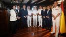 Foto de grupo en la recepcin privada ofrecida este mircoles a bordo del buque Juan Sebastin de Elcano. De izquierda a derecha, Esperanza Casteleiro, directora del CNI; el presidente de la Diputacin, Valentn Gonzlez Formoso; el presidente de la Xunta, Alfonso Rueda; el Ajema, Antonio Pieiro Snchez; la princesa Leonor; el comandante del buque, Luis Carreras-Presas; el delegado del Gobierno, Pedro Blanco; el alcalde de Ferrol, Jos Manuel Rey Varela; y el almirante jefe del Arsenal, Vicente Rubio Bolvar.