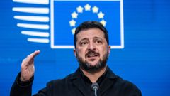 El presidente ucraniano, Volod�mir Zelenski, en rueda de prensa en Bruselas. 