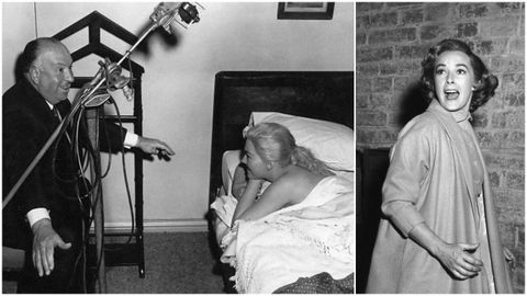 Hitchcock dando indicaciones a Kim Novak durante el rodaje de «Vértigo». A la derecha, Vera Miles en «Psicosis».