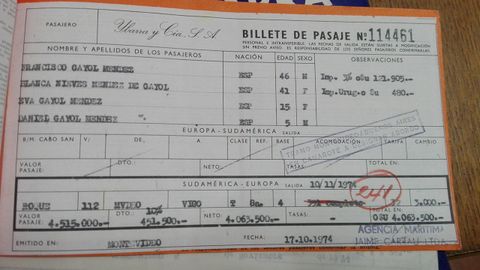 Billete del crucero Montevideo-Vigo de la Compa��a Ybarra en 1974.