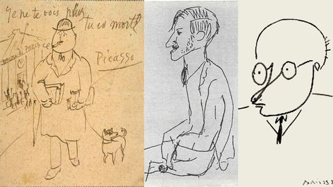 Tres caricaturas de Picasso: de esquerda a dereita, Apollinaire, Andr Salmon e Jaume Sabarts.