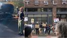 A la izquierda, Shery Crow tras vender su Tesla. A la derecha, manifestacin frente a un concesionario en Seattle.