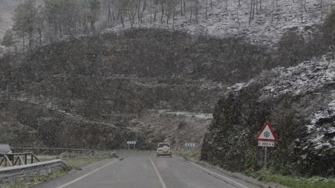 El inicio de la bajada del Alto do Boi a Quiroga por la LU-561 estaba abierto y sin necesidad de usar cadenas a las seis de la tarde, pero a esa hora estaba empezando a nevar con fuerza