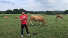 Santiago, junto a algunas de sus vacas de raza rubia galega en una de las fincas que tiene en Mazoi