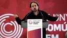 El secretario general de Podemos, Pablo Iglesias, durante la presentaci�n del programa electoral de Catalunya En Com�-Podem (CatCom�-Podem) en el acto celebrado hoy en Sant Adri� de Bes�s (Barcelona), donde ha asegurado que  la derecha espa�ola ha fracasado en construir una imagen atractiva de Espa�a para todos los catalanes y los espa�oles . 