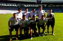 Los nuevos jugadores del primer equipo, salvo el ausente Manolo, posaron antes del inicio del entrenamiento: de pie, �ngel Luis, Chicho, Iv�n Forte, Manu Barreiro y Amil, y agachados, Dopico, Iago Iglesias, Jorge Rodr�guez, Rub�n Comesa�a y Marcos �lvarez.