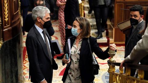 El diputado del PP Alfonso Su�rez Illana habla con la portavoz de su partido en el Congreso, Cuca Gamarra