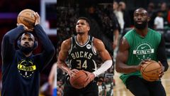 LeBron James, Giannis Antetokounmpo y Jaylen Brown.