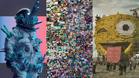 Dos detalles y vista central del collage NFT del artista Beeple subastado por Christie's por m�s de 60 millones