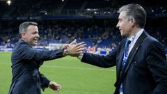 Javi Calleja y Martn Pelez, tras el triunfo del Oviedo ante el Eibar