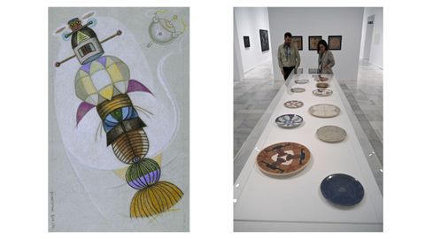 «Viajeros del éter», 1982 (izda.) / Expositor con cerámica pintada por Maruja Mallo