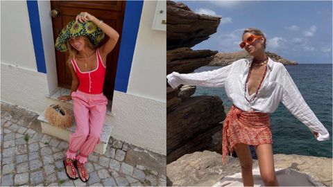 Dos combinaciones para la playa: un look son sombrero extra grande de Romualda (y lookazo de Guiomar Machaz), a la izquierda, y un conjunto de blusa y pareo, a la derecha