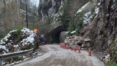La carretera afectada por el argayo en Somiedo, en parte despejada