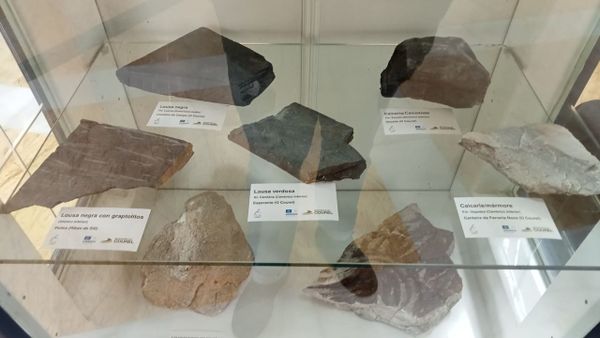 Una vitrina con muestras del minerales del geoparque que se exponen en la feria de Santiago