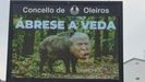 Un panel informativo de Oleiros con el nuevo montaje donde se puede ver la cara del presidente de EE.UU. incrustada en el cuerpo de un jabal�