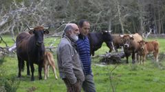 Vecinos de la misma parroquia, Alfonso y Juan charlan en una de las fincas arrendadas al Banco de Terras sobre el cambio experimentado en la aldea desde que las tierras se han vuelto a trabajar