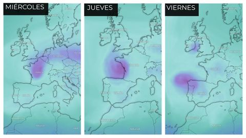 Mapa de la temperatura del aire a 4.200 de altura entre hoy y el viernes. Se puede apreciar el descenso de la pelota de aire fr&iacute;o