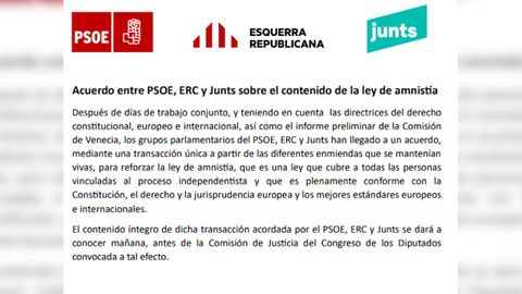 Comunicado conjunto del PSOE, ERC y Junts anunciando el acuerdo�sobre la ley de amnist�a