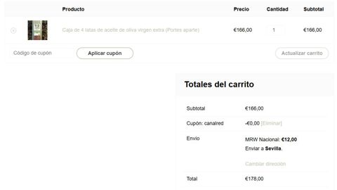 Captura de la web de la cooperativa de Marinaleda 12Coop. 20 litros de aceite virgen extra se venden a 166 euros, algo ms de 8 euros el litro, sin contar los gastos de envo.