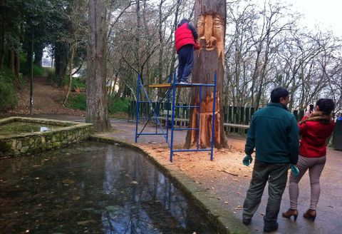 La primera talla se est� ejecutando en el tronco de un cedro al lado del estanque del bosque. 