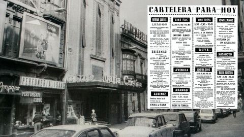 La cartelera del 26 de agosto de 1969 en Gijn, sobre una vista de la calle Corrida, con el cine Mara Cristina, en los aos 70