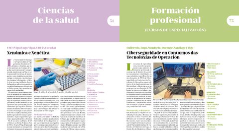 En la imagen, dos de las p�ginas de la gu�a de m�sters de La Voz. Las titulaciones est�n divididas por �reas del conocimiento y se incluye informaci�n �til sobre cada una.