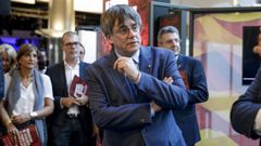 Carles Puigdemont, durante la inauguracin de la muestra Contribucin de Catalua al progreso social y poltico de la UE en Bruselas.