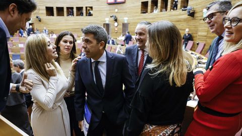 Maz�n, arropado por diputados del PP, antes de comenzar la sesi�n de control sobre la dana