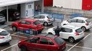 Vista este lunes del autocovid instalado en el Hospital Uneversitario Central de Asturias (HUCA)