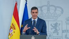 El presidente del Gobierno, Pedro S�nchez, en una rueda de prensa posterior al Consejo de Ministros extraordinario, en la Moncloa, el 20 de marzo, en Madrid.  