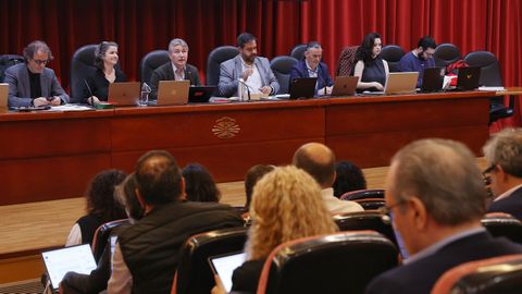 Mesa del claustro de la UDC, reunido ayer en A Maestranza para la aprobación de los nuevos estatutos de la institución, adaptados a la LOSU